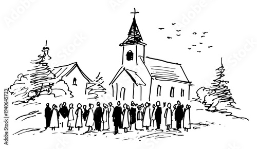 Hand drawn sketch of a crowd of people gathered outside a country church