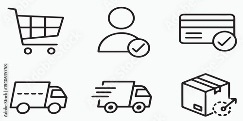 Ecommerce delivery and payment icons for online shopping and logistics