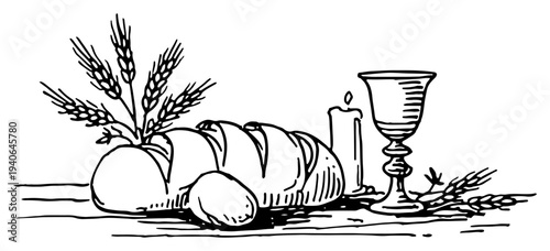 Hand drawn sketch of eucharist symbols bread wheat chalice and candle