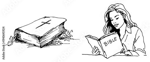 Hand drawn sketch of a closed bible and a woman reading scripture
