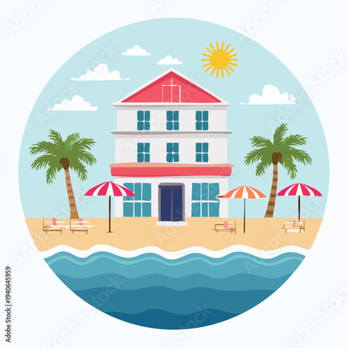 Hôtel au bord de mer en illustration vectorielle estivale