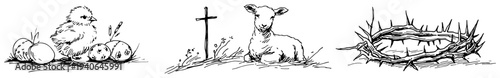 Hand drawn set of easter symbols with chick lamb and crown of thorns