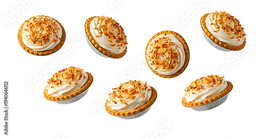 Delicious coconut cream pies floating in air, isolated on transparent background, sweet treats