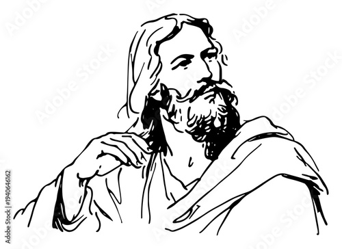 Hand drawn portrait sketch of Jesus Christ looking away