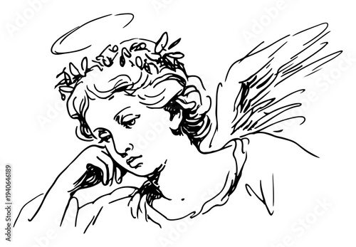 Hand drawn portrait sketch of a pensive angel with halo and wings