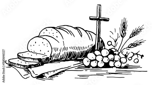 Hand drawn sketch of sliced bread wooden cross grapes and wheat