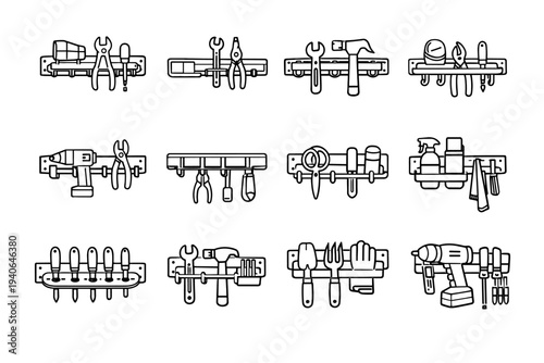 Neat clean balanced wall workshop mounted icon accessory tool load option vector