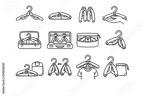 Vector packing foldable practical clothes concept solution tidy support hanger suitcase icon