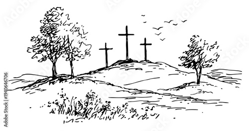 Hand drawn sketch of three crosses on golgotha hill landscape in line art style