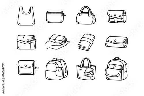 Vector foldable portable compact icons accessory efficient storage icon handbag bag form