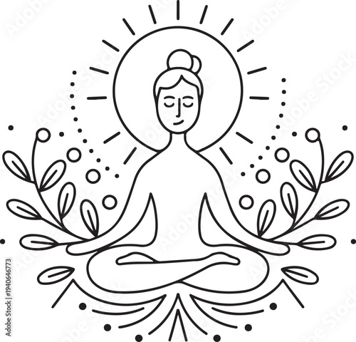 Woman meditating in lotus position with sun and leaves