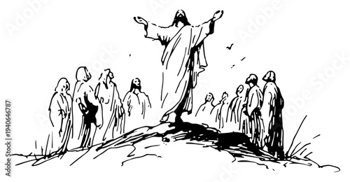 Hand drawn sketch of Jesus Christ preaching to his followers on a mountain