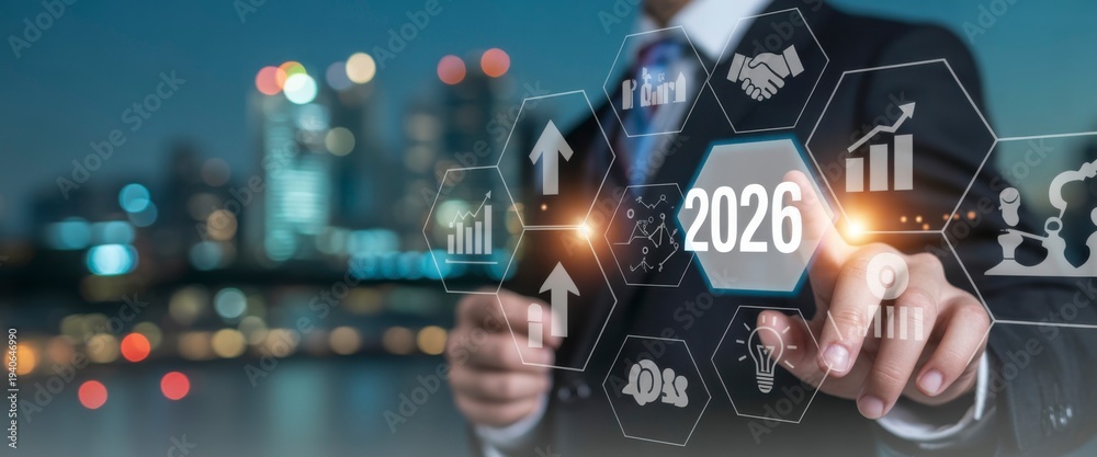 Obraz premium Vision 2026: A business person, navigating a digital interface showcasing strategic plans for the year 2026 against a backdrop of city lights, symbolizes forward-thinking business strategies.