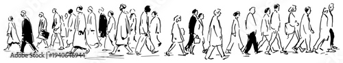 Hand drawn sketch of a large crowd of walking people in horizontal banner format
