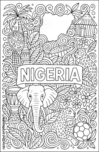 Nigeria hand drawn vector illustration doodle art line art coloring page for kids