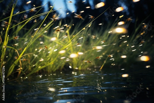 Fireflies Flying Over Water