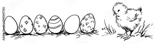Hand drawn sketch of decorated easter eggs and a fluffy chick in grass