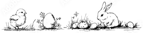 Horizontal easter banner with hand drawn chick bunny and decorated eggs in grass