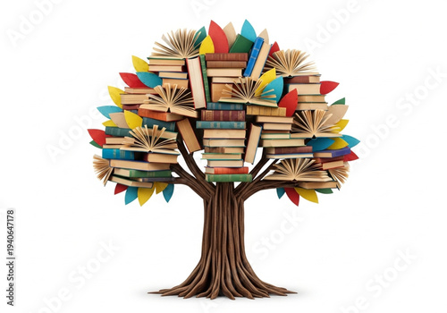 Conceptual tree made of books isolated on white background