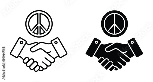 Handshake icon with peace symbol representing agreement harmony cooperation friendship unity partnership and global pacifism in outline and solid styles