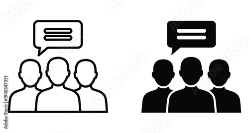 Group of people with speech bubble icon representing communication teamwork discussion social interaction community feedback meeting conversation collaboration dialogue support chat