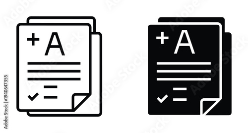 Academic exam paper icon with A plus grade mark and checkmark symbol for school success and student achievement results in outline and solid styles