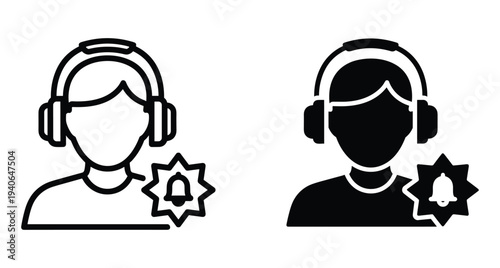 Customer service representative icon set with headset and notification bell symbol for support center help desk communication and user alerts