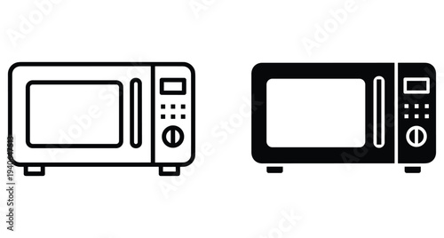 Microwave oven icon set with outline and solid black styles for kitchen appliance cooking heating food electronic household equipment design