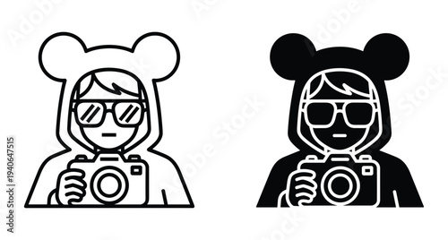 Photographer character wearing bear ear hoodie and sunglasses holding digital camera icon set in outline and solid black professional photographer