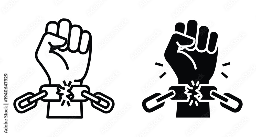 Fototapeta premium Raised fist breaking metal chains icon set representing freedom liberation human rights protest power strength revolution independence justice and social change