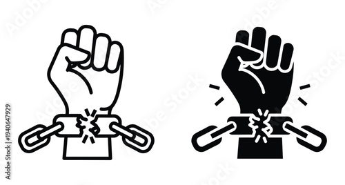 Raised fist breaking metal chains icon set representing freedom liberation human rights protest power strength revolution independence justice and social change