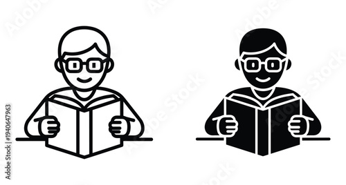Boy with glasses reading book icon set in outline and solid glyph style for education learning library study reading book