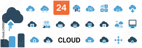 Cloud computing icons with upload, download, and data transfer symbols