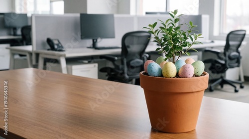 Potted plant with colorful Easter eggs on office desk. Decorative tree in terracotta pot surrounded by spring holiday ornaments. Seasonal workplace interior decoration for work life balance.
