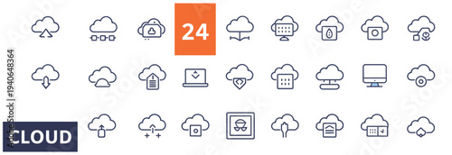 Outline icons representing cloud computing services and data management
