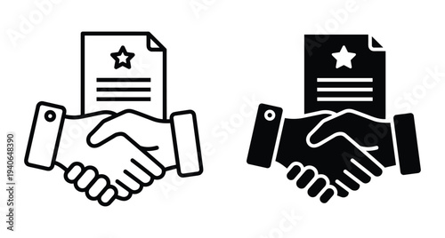Handshake icon set with document and star representing successful business agreement partnership contract deal cooperation trust achievement legal certificate professional collaboration