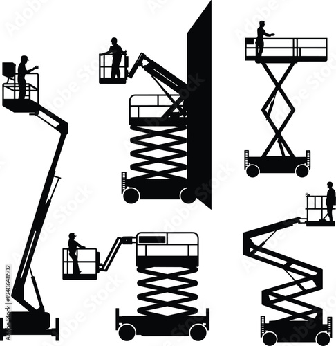 Flat vector silhouettes of articulated boom lifts, scissor lifts, telescopic platforms