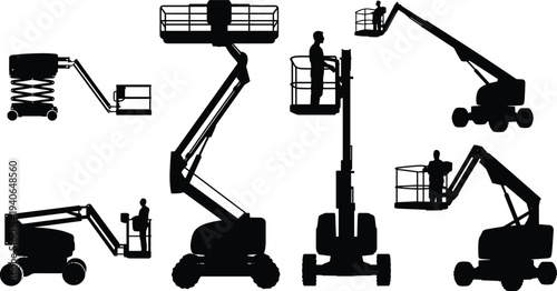 Flat vector silhouettes of cherry pickers, scissor lifts, boom platforms