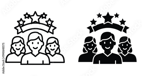 Team of people with five stars and banner representing success rating achievement leadership group excellence professional recognition and top performance