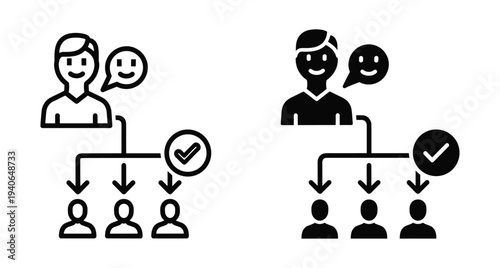 Business delegation icon set showing manager assigning tasks to team members with checkmark symbol for successful selection and communication process