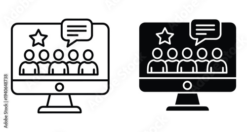 Online customer feedback and user review icons on computer screen showing people rating star and speech bubble for digital communication