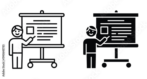 Business person presenting data on a whiteboard screen icon set with outline and solid glyph styles for education and training