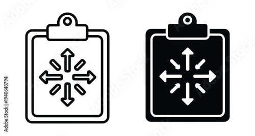 Clipboard icon set with arrows pointing outward representing task distribution project management strategy planning business workflow expansion and organizational growth