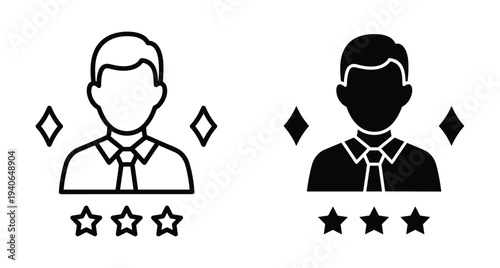 Professional businessman avatar icon set with stars and diamonds representing employee rating talent recruitment expert candidate profile and career success