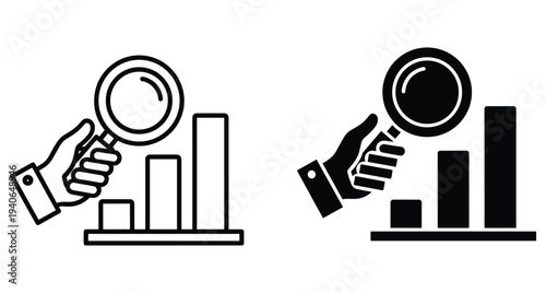 Hand holding magnifying glass over bar chart for data analysis business research financial growth statistics inspection audit report progress tracking