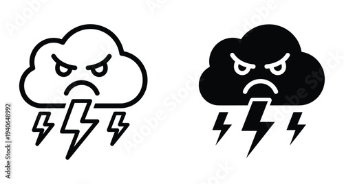 Angry storm cloud icon set with lightning bolts showing aggressive weather character face expression for meteorology and emotional design symbols