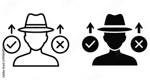 White hat and black hat hacker icons with checkmark and cross symbols representing ethical hacking security web optimization and digital marketing