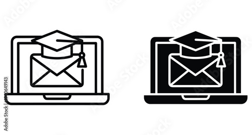 Laptop computer with graduation cap and envelope icon representing online education digital learning academic communication distance university courses and elearning