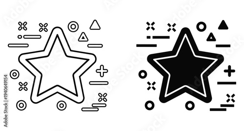 star icon set with geometric shapes outline and solid black style for web design interface rating and favorite symbol elements