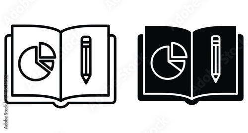 Open book icon set with pie chart and pencil representing business report data analysis financial planning education and academic research